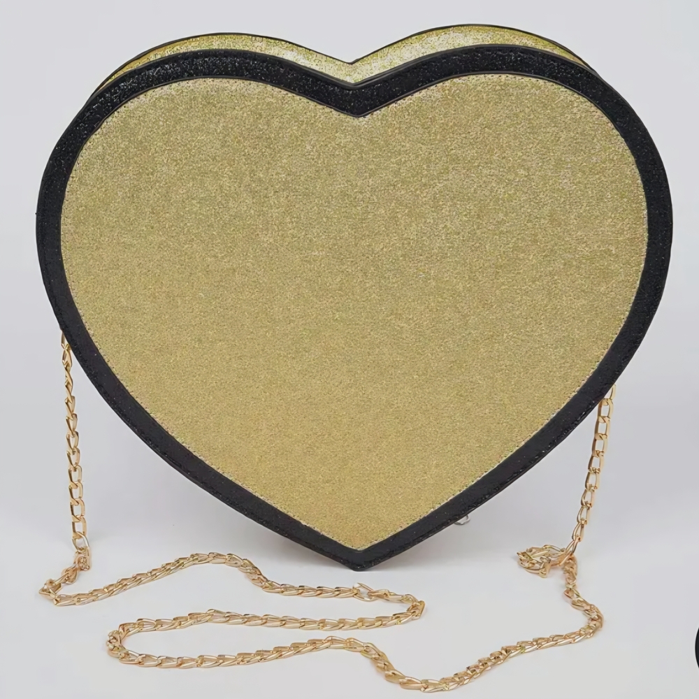 Gold Heart-Shaped Shoulder Bag with Black Trim